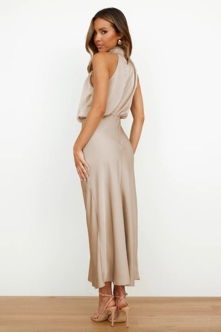 Long satin dress with halter neck