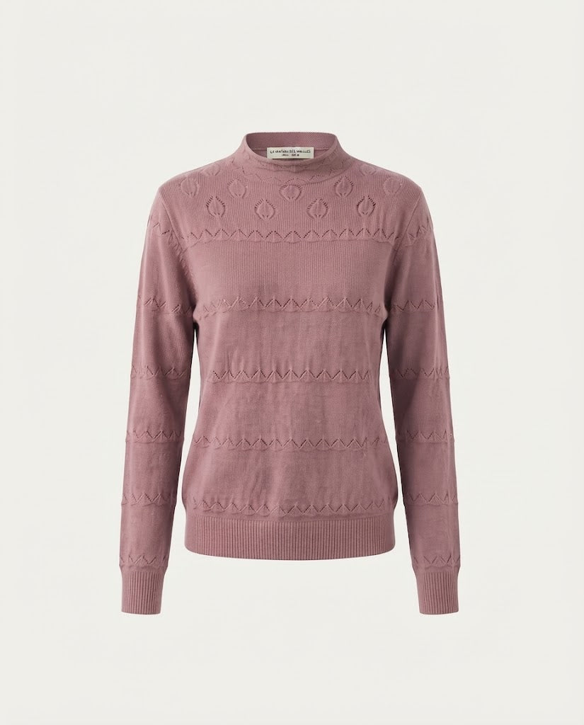 Ladies fine knit pullover with subtle lace stripe and short stand-up collar Mune Fashion