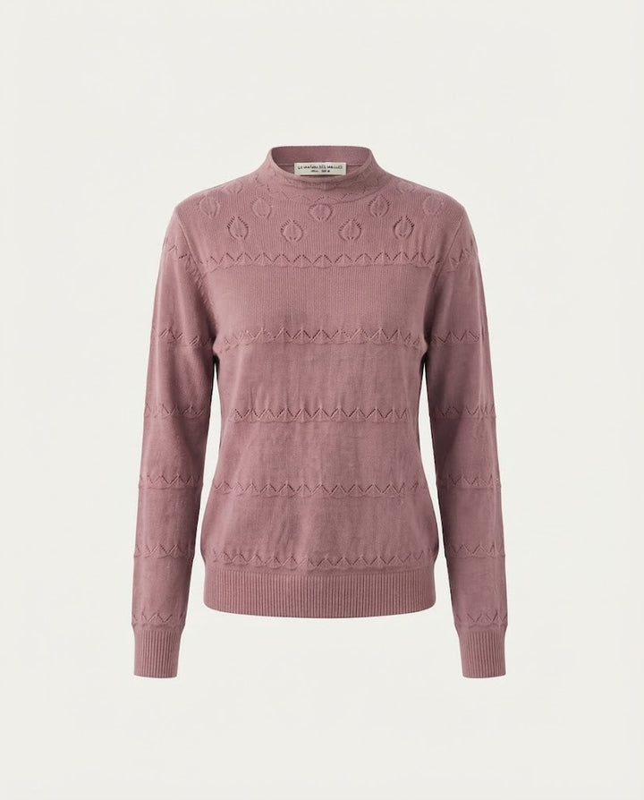 Ladies fine knit pullover with subtle lace stripe and short stand-up collar Mune Fashion