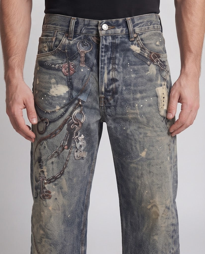Men's extra-wide baggy jeans with color-splattered used look and chain print Mune Fashion
