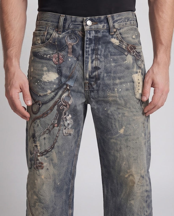 Men's extra-wide baggy jeans with color-splattered used look and chain print Mune Fashion