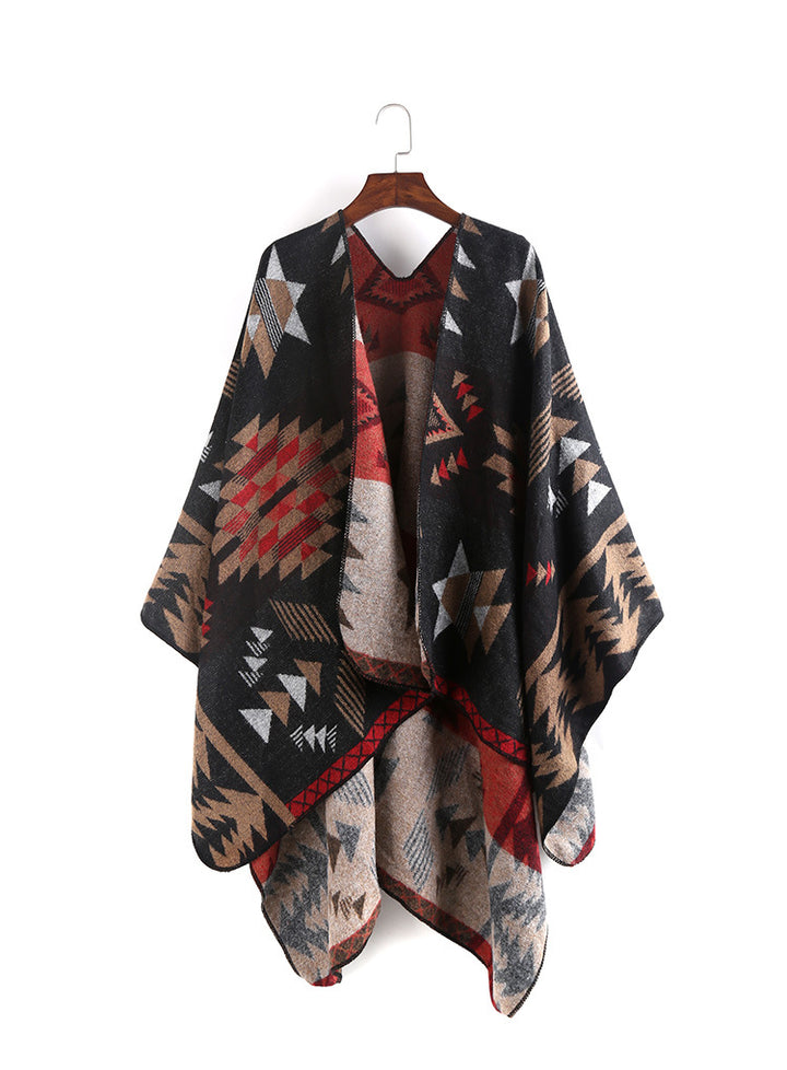 Women Oversize Ruana Poncho with Aztec Jacquard and Open Kimono Fall Mune Fashion