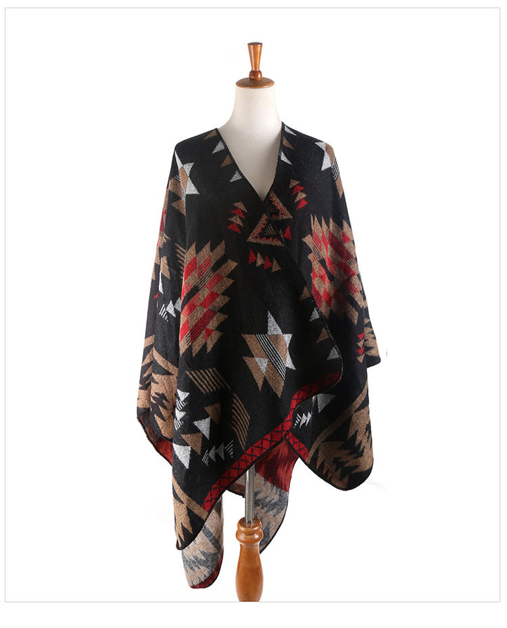 Women Oversize Ruana Poncho with Aztec Jacquard and Open Kimono Fall Mune Fashion
