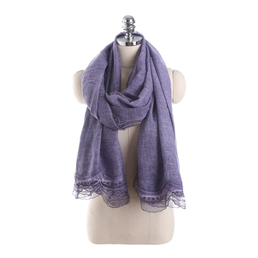 Women's lightweight linen scarf with lace trim and extra length Mune Fashion