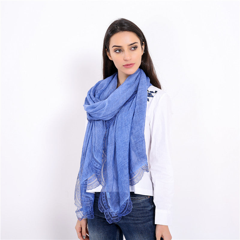 Women Lightweight Linen Scarf with Lace Trim and Large Shaping Cloth Mune Fashion