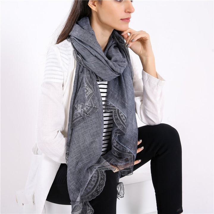 Women's lightweight linen scarf with lace trim and extra length Mune Fashion