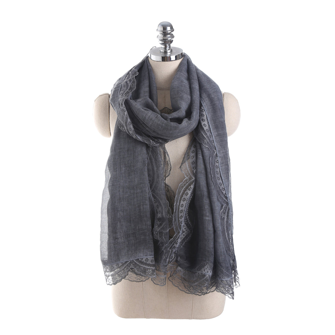 Women's lightweight linen scarf with lace trim and extra length Mune Fashion