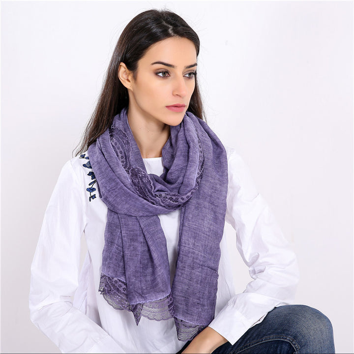 Women Lightweight Linen Scarf with Lace Trim and Large Shaping Cloth Mune Fashion