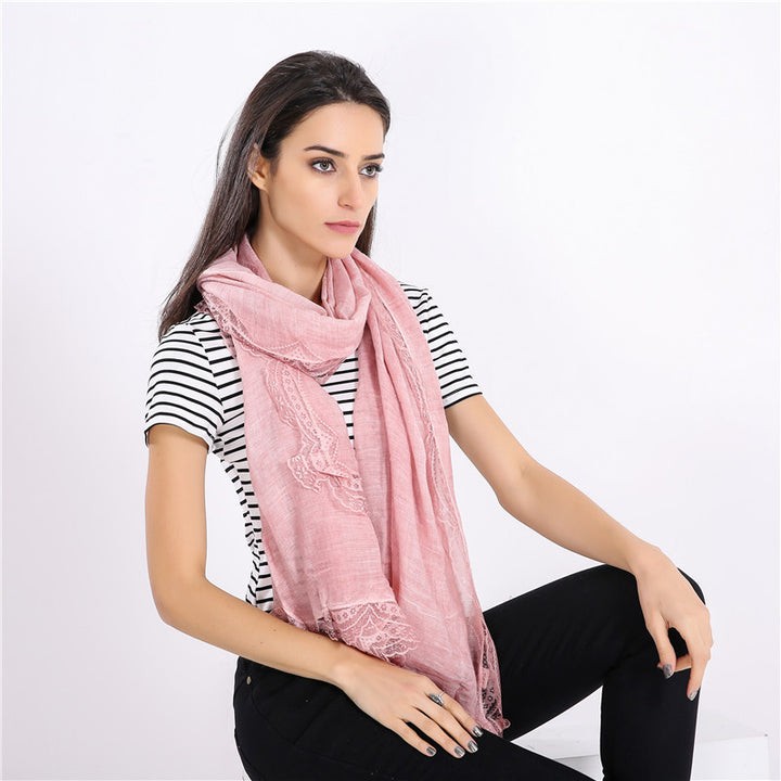 Women Lightweight Linen Scarf with Lace Trim and Large Shaping Cloth Mune Fashion