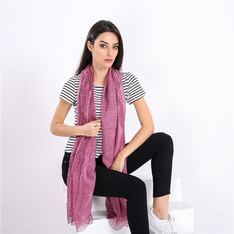 Women Lightweight Linen Scarf with Lace Trim and Large Shaping Cloth Mune Fashion