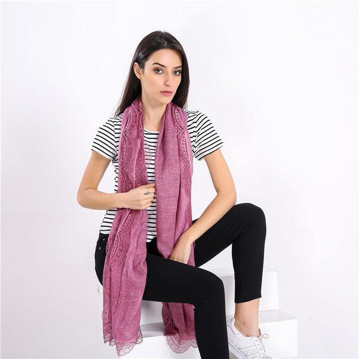 Women's lightweight linen scarf with lace trim and extra length Mune Fashion