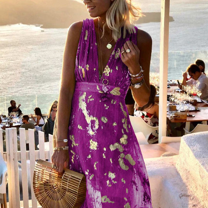 Flowing dress with V-neck and sequin embellishment