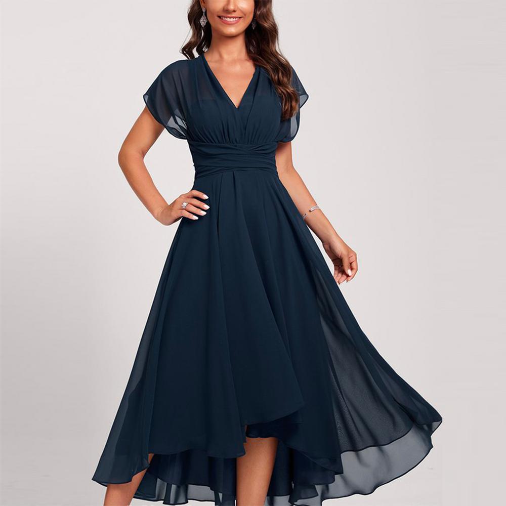 Mune Fashion | Blue Midi Dress with Short Sleeves and Curved Waist