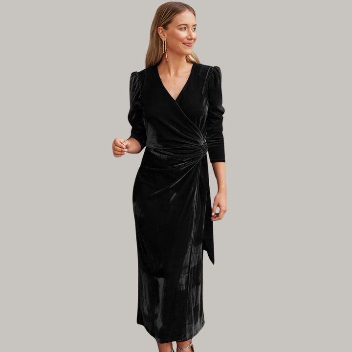 Mune | Midi Portfolio Dress In Velour with Puff Sleeves