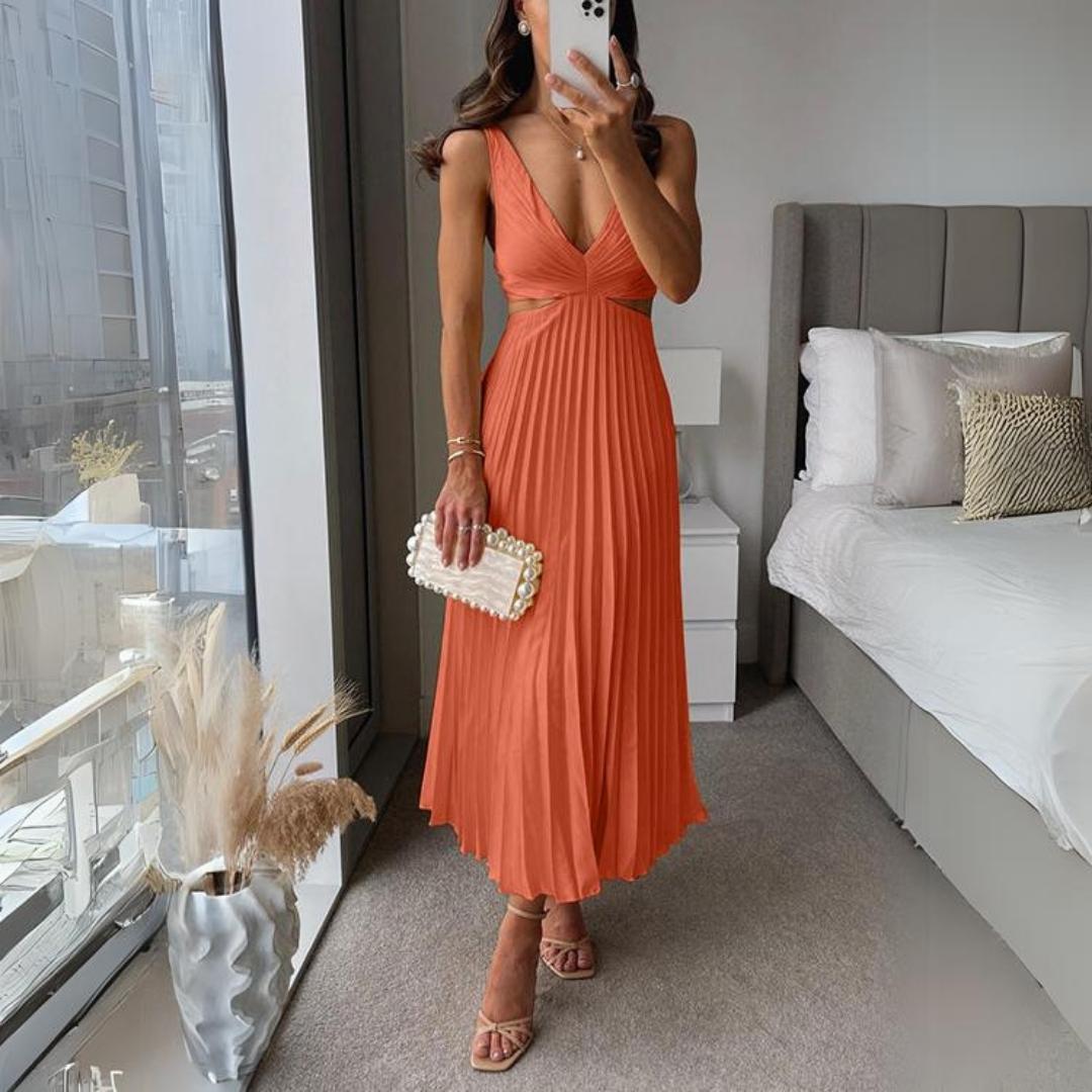 Mune Fashion | Midi Dress Sleeveless V-Neck Twist Front & Cut Out Detail Pleated Skirt