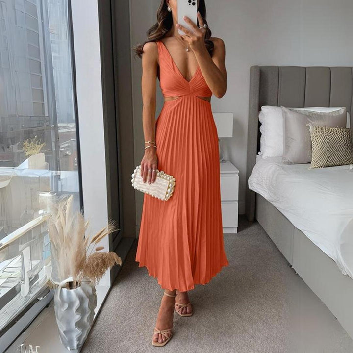 Mune Fashion | Midi Dress Sleeveless V-Neck Twist Front & Cut Out Detail Pleated Skirt