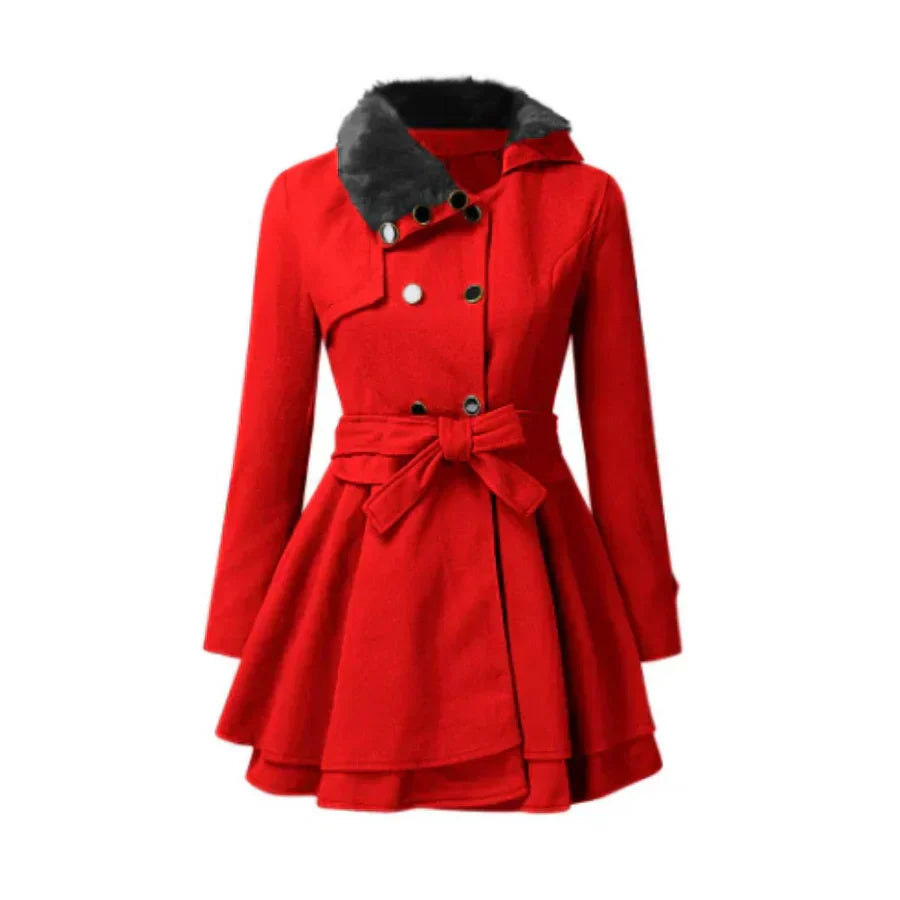 Mune | Coat Wool Blend Flattering A-Line Faux Fur Collar Belt