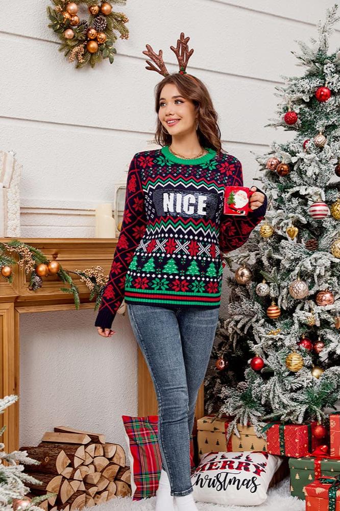 Mune | Sequin Embroidered Christmas Jacquard Knit Sweater