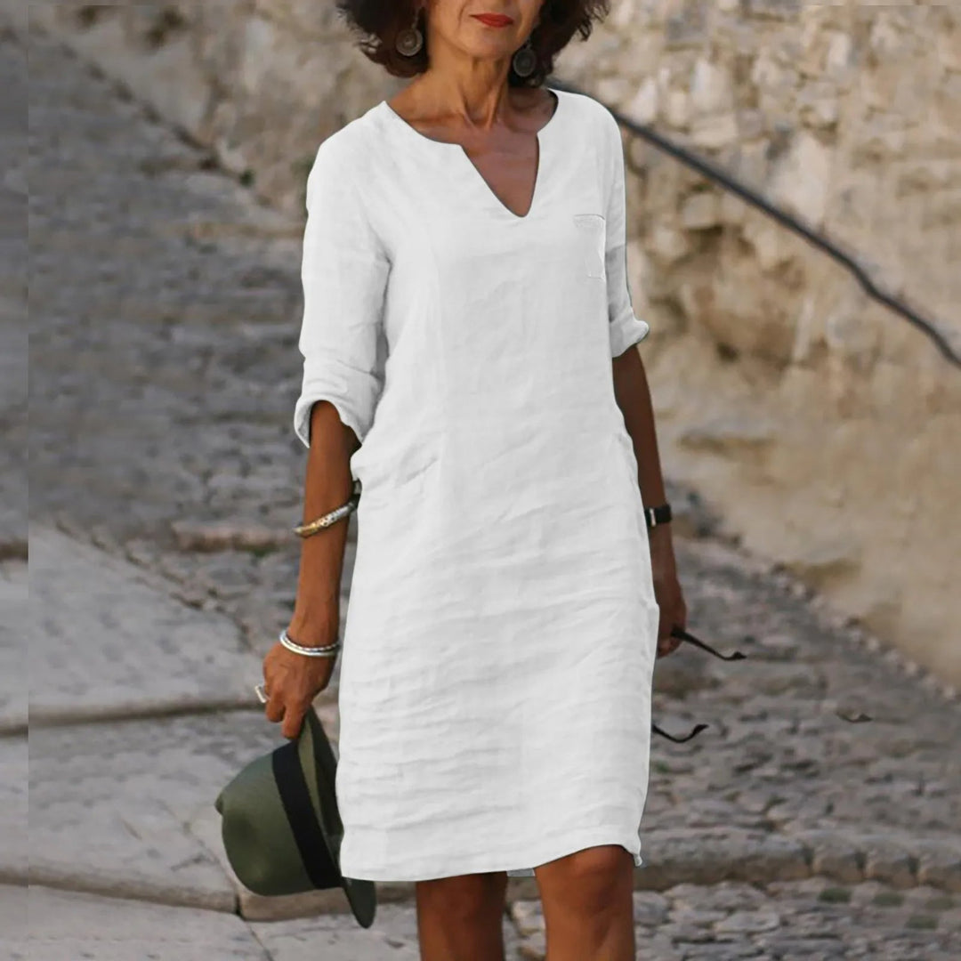 Linen shift dress with V-neck and pockets