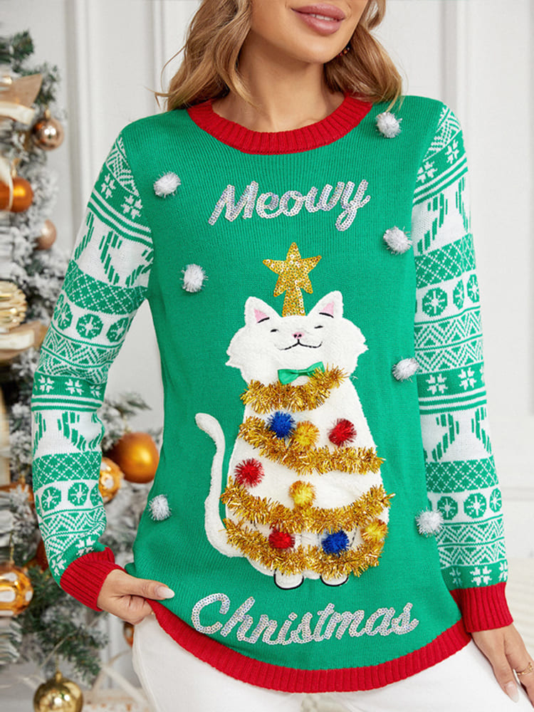 Mune | Christmas Long Sleeve Cat Appliqué Round Neck Sweater