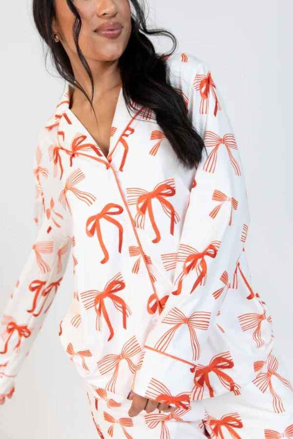 Mune | Christmas Bow Print Long Sleeve Shirt and Elastic Waist Pocket Pants Set