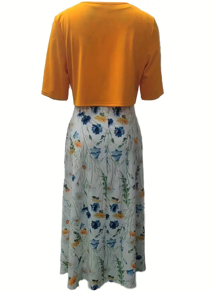 elegant two-piece floral dress set with solid color crop top and dress with round neck