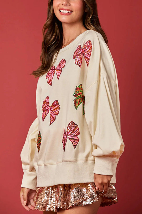 Mune | Christmas Bow Sequin Loose Casual Long Sleeve Sweatshirt