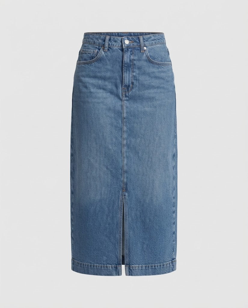 Women high-waisted denim midi skirt with front slit and straight cut Mune Fashion