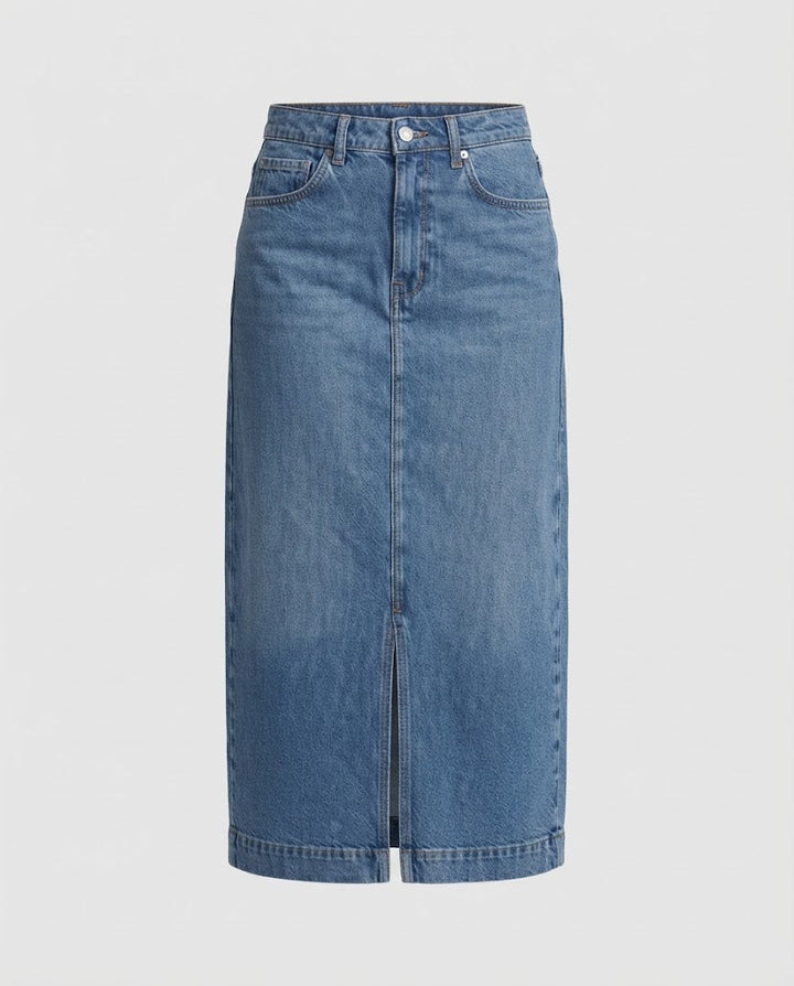 Women high-waisted denim midi skirt with front slit and straight cut Mune Fashion