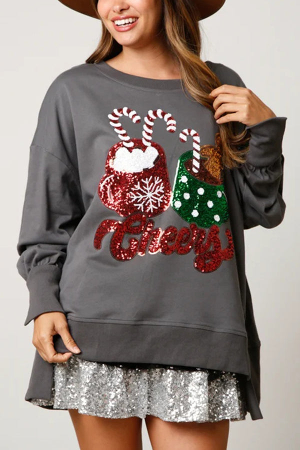 Mune | Christmas Candy Cup Sequins Casual Loose Sweatshirt
