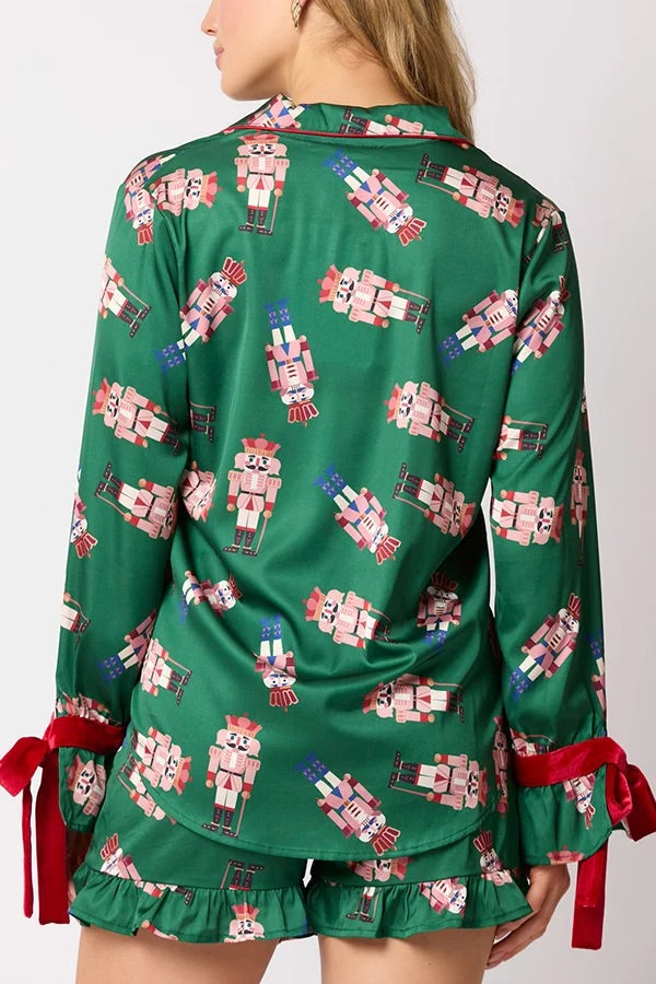 Mune | Christmas Fashion Printed Bow Top and Elastic Waist Ruffle Shorts Set