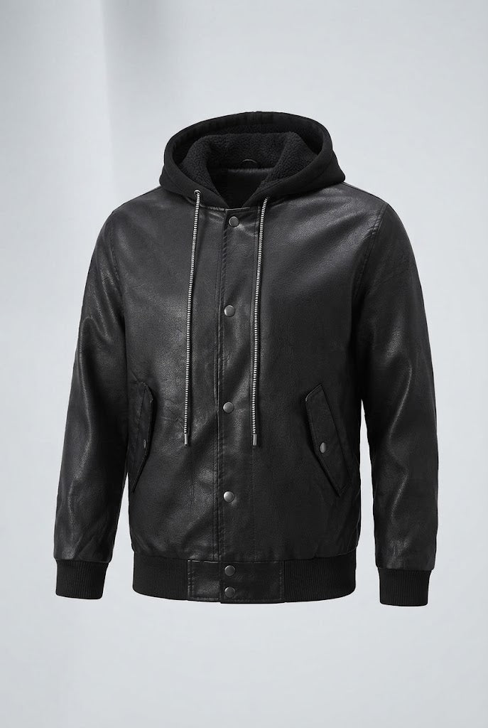 Men's Stylish Faux Leather Jacket with Hood Mune Fashion
