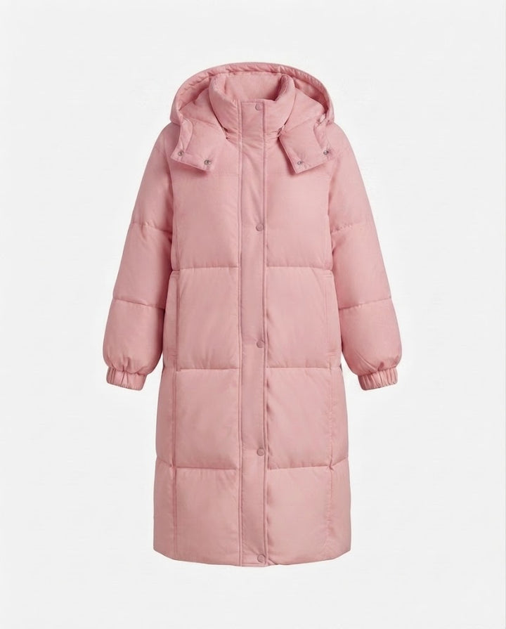 Women's longer minimalist padded coat with high wrap collar and straight square quilting seams