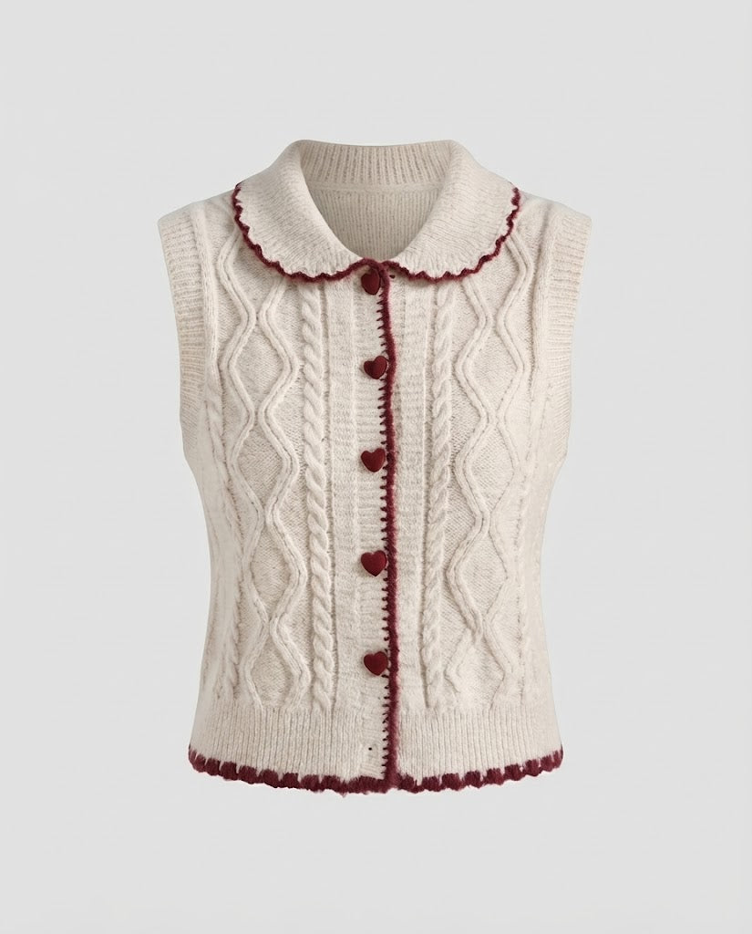 Women's Knitted Short Vest with Cable Pattern, Heart Button Placket and Peter Pan Collar Mune Fashion