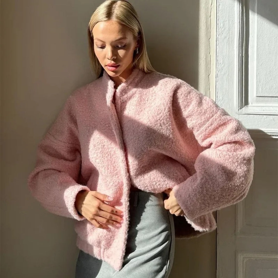 Mune | Women's Boucle Teddy Bomber Jacket pink with zipper