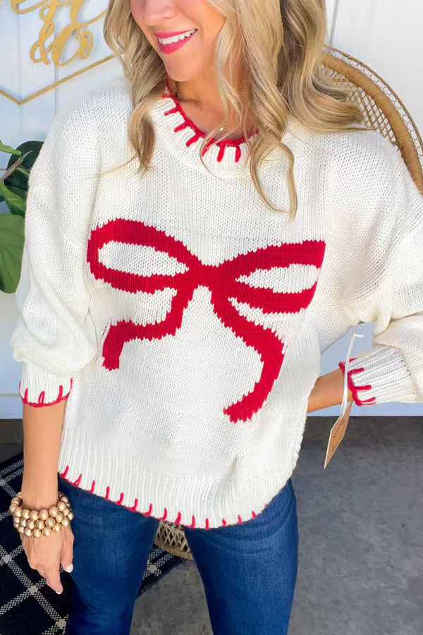 Mune | Christmas Bow Contrast Color Included Edge Long Sleeve Knitted Sweater