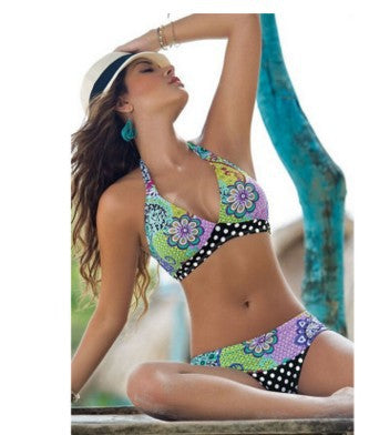 Women's triangle bikini with vibrant floral pattern and polka dot bottom Mune Fashion
