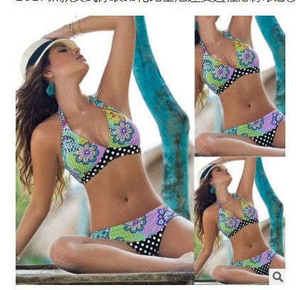Women's triangle bikini with vibrant floral pattern and polka dot bottom Mune Fashion