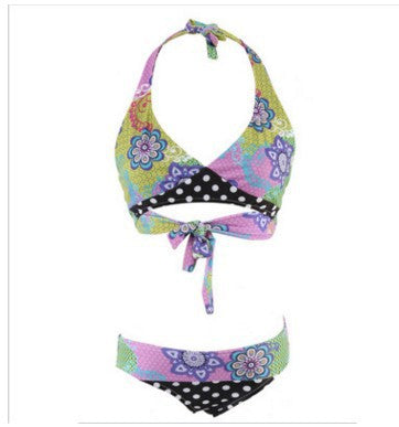 Women's triangle bikini with vibrant floral pattern and polka dot bottom Mune Fashion