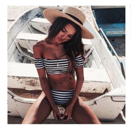 Ladies Off-Shoulder Bikini Set with Maritime Striped Pattern Mune Fashion