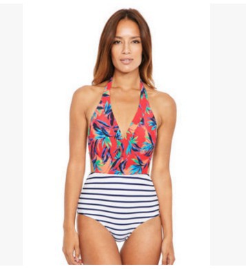 Ladies One-Piece Swimsuit with Round Neckline and Striped Design Mune Fashion