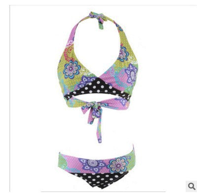 Women's triangle bikini with vibrant floral pattern and polka dot bottom Mune Fashion