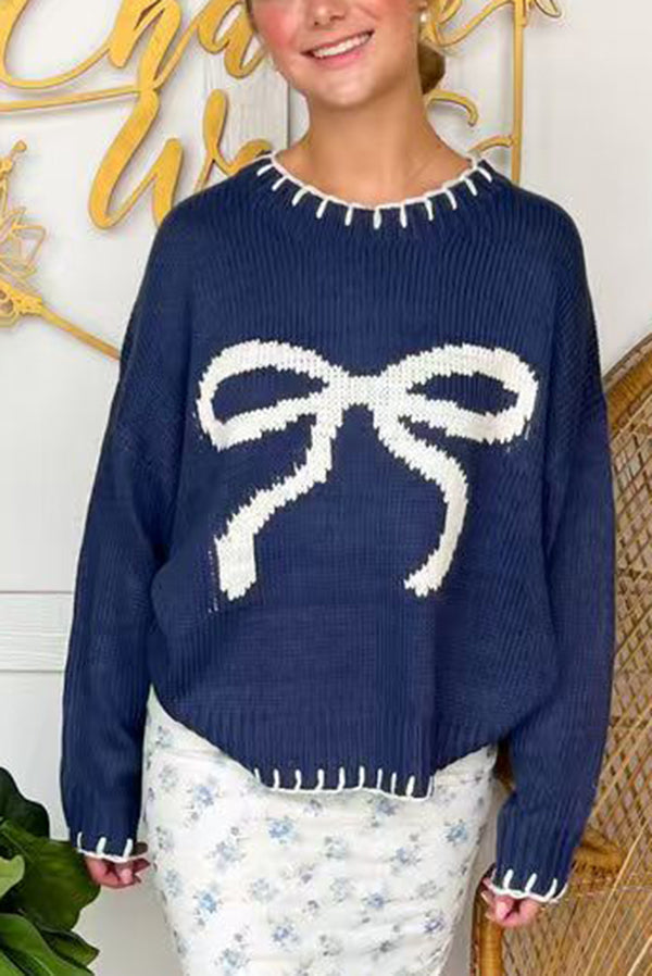 Mune | Christmas Bow Contrast Color Included Edge Long Sleeve Knitted Sweater