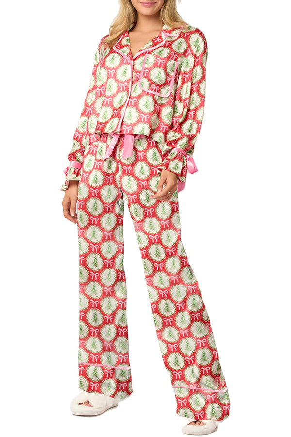 Mune | Christmas Printed Velour Lacing Long Sleeve Pocket Top and Elastic Waist Pants Set
