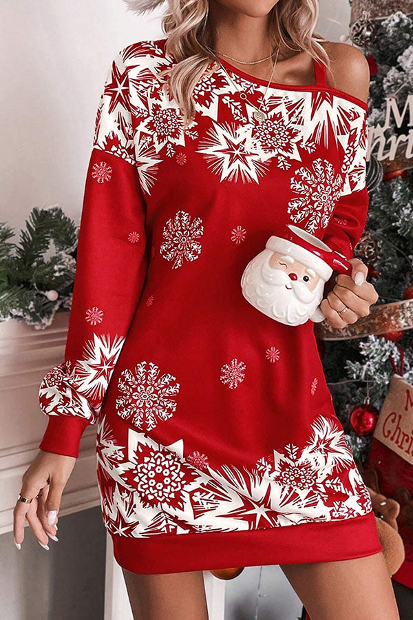Mune | Christmas Snowflake Cold Shoulder Loose Sweatshirt Mini Dress