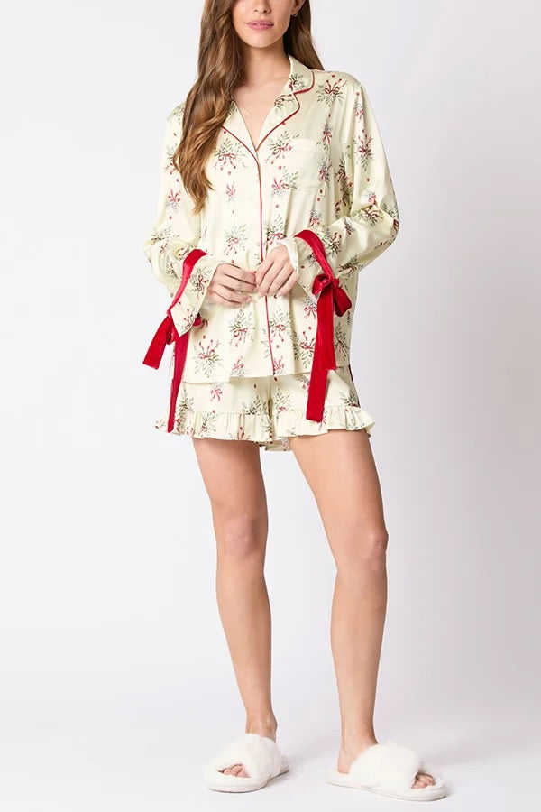 Mune | Christmas Fashion Printed Bow Top and Elastic Waist Ruffle Shorts Set