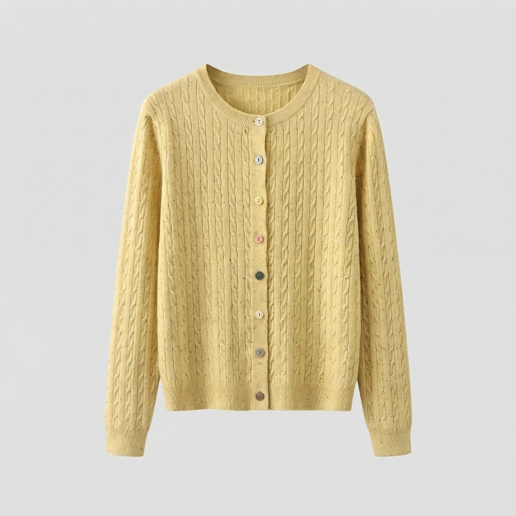 Women's fine knit cardigan with cable pattern and colorful buttons Mune Fashion