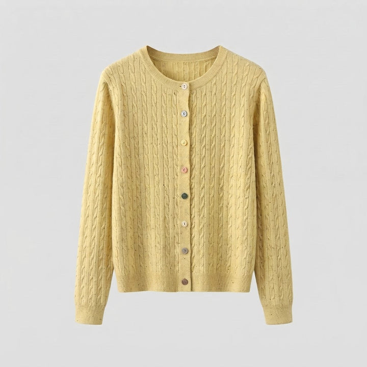 Women's fine knit cardigan with cable pattern and colorful buttons Mune Fashion