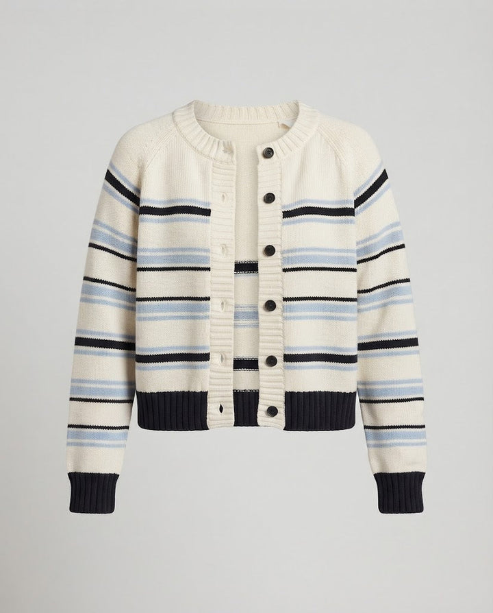Women's Striped Cardigan with Round Neckline and Ribbed Hem Mune Fashion