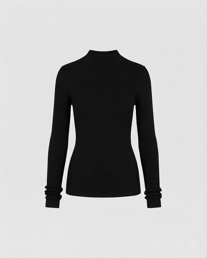 Ladies Fine Ribbed Long Sleeve Fine Knit Top with Stand-Up Collar Mune Fashion